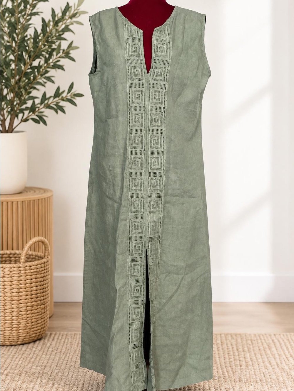 PLS Fashion XL 100% Linen Sage Green Embroidered Maxi Dress Sleeveless Boho